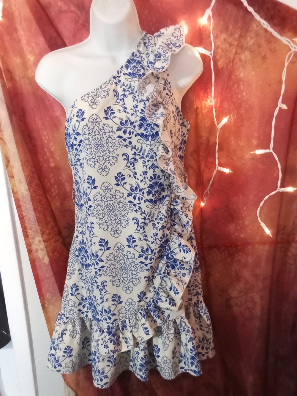 Blue And White One Shoulder Sundress
